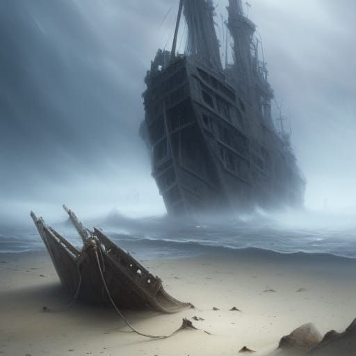 Eerie Shipwreck on Foggy Beach with Dunes
