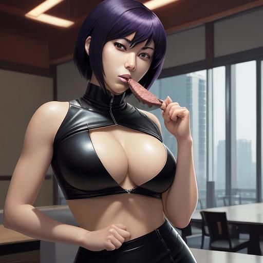 Motoko Kusanagi Eating Steak in Anime Style