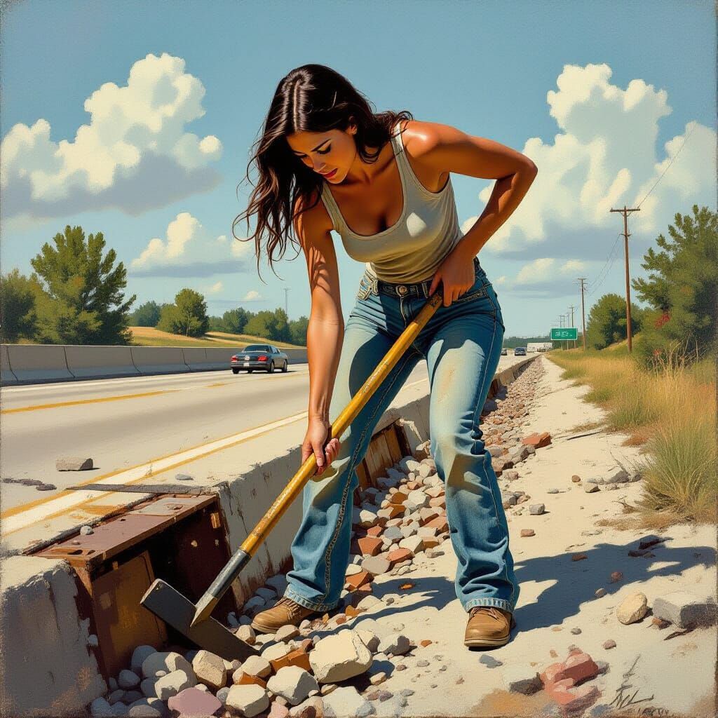 Woman Digging Stone from Pipeline: Realistic Dramatic Scene