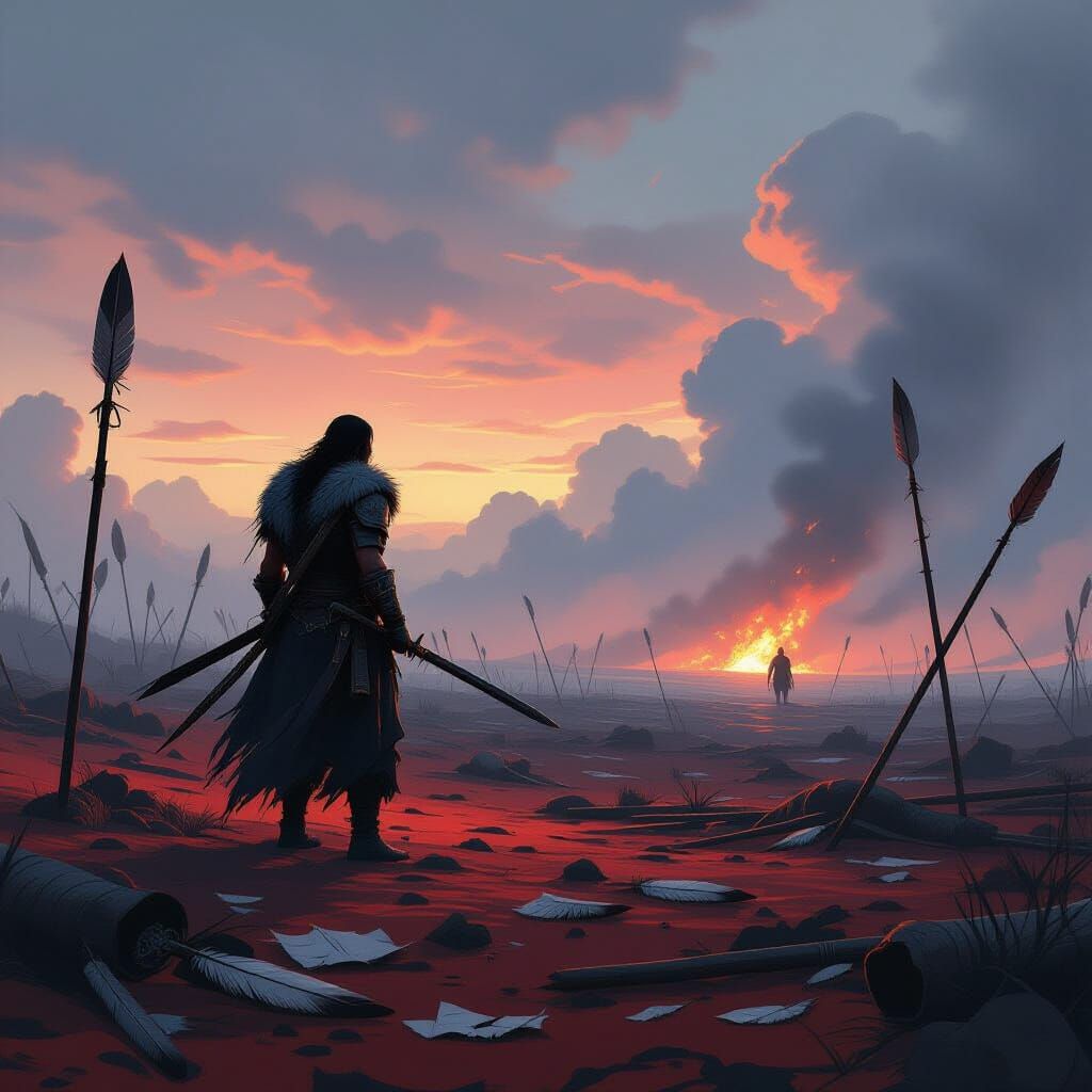 Warrior on Twilight Battlefield in Dystopian Style