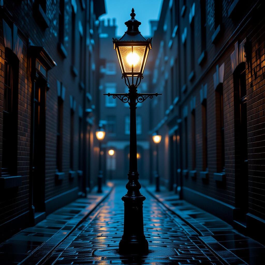 Menacing Victorian Streetlamp in Dark Alleyway