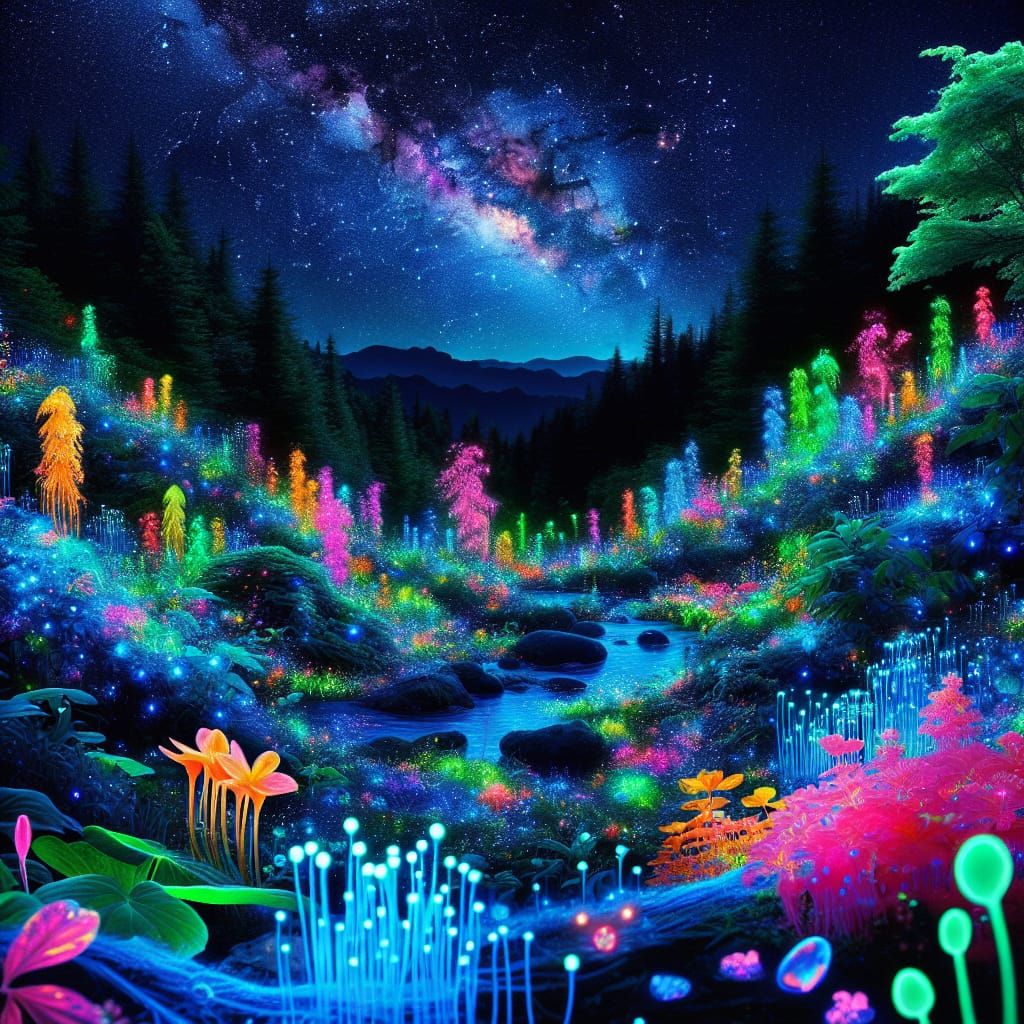 Bioluminescent Dreamscape: Iridescent Flora and Fauna