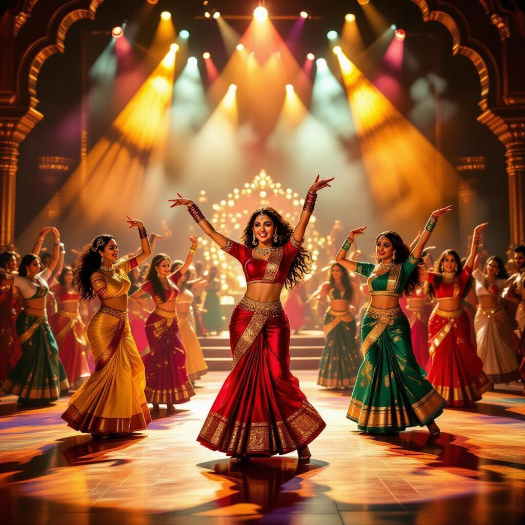 Vibrant Bollywood Dance Sequence on Illuminated Stage