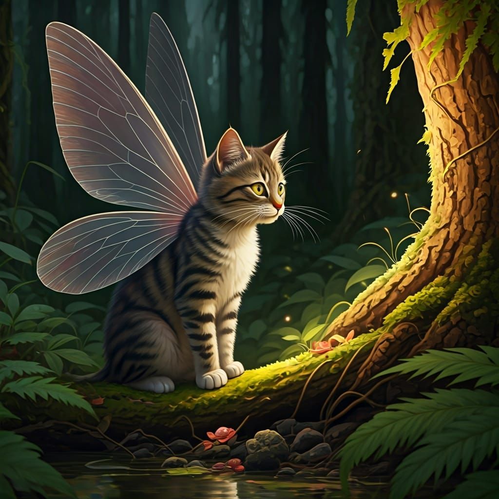 Style of Kay Nielsen, fairy, a cat in the woods