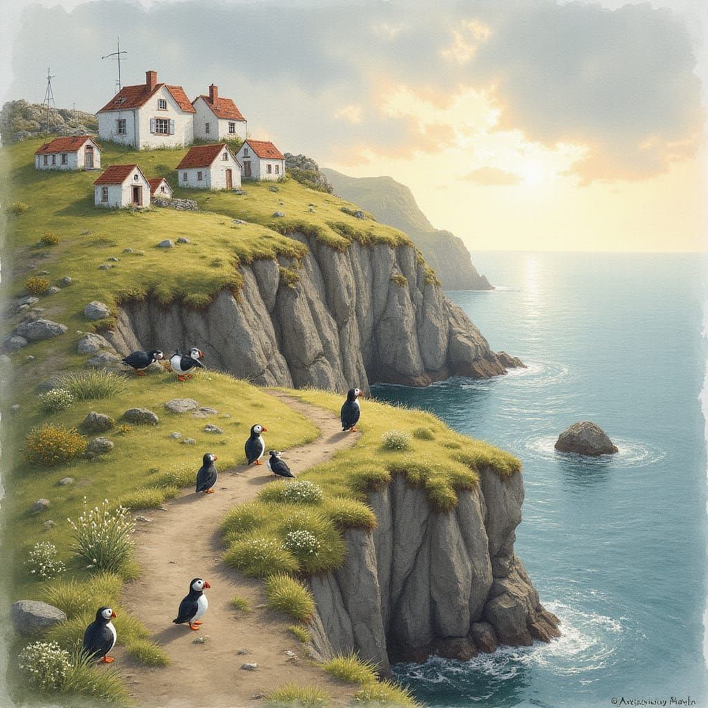 Charming Puffin Village on Rocky Cliffside in Watercolor Sty...