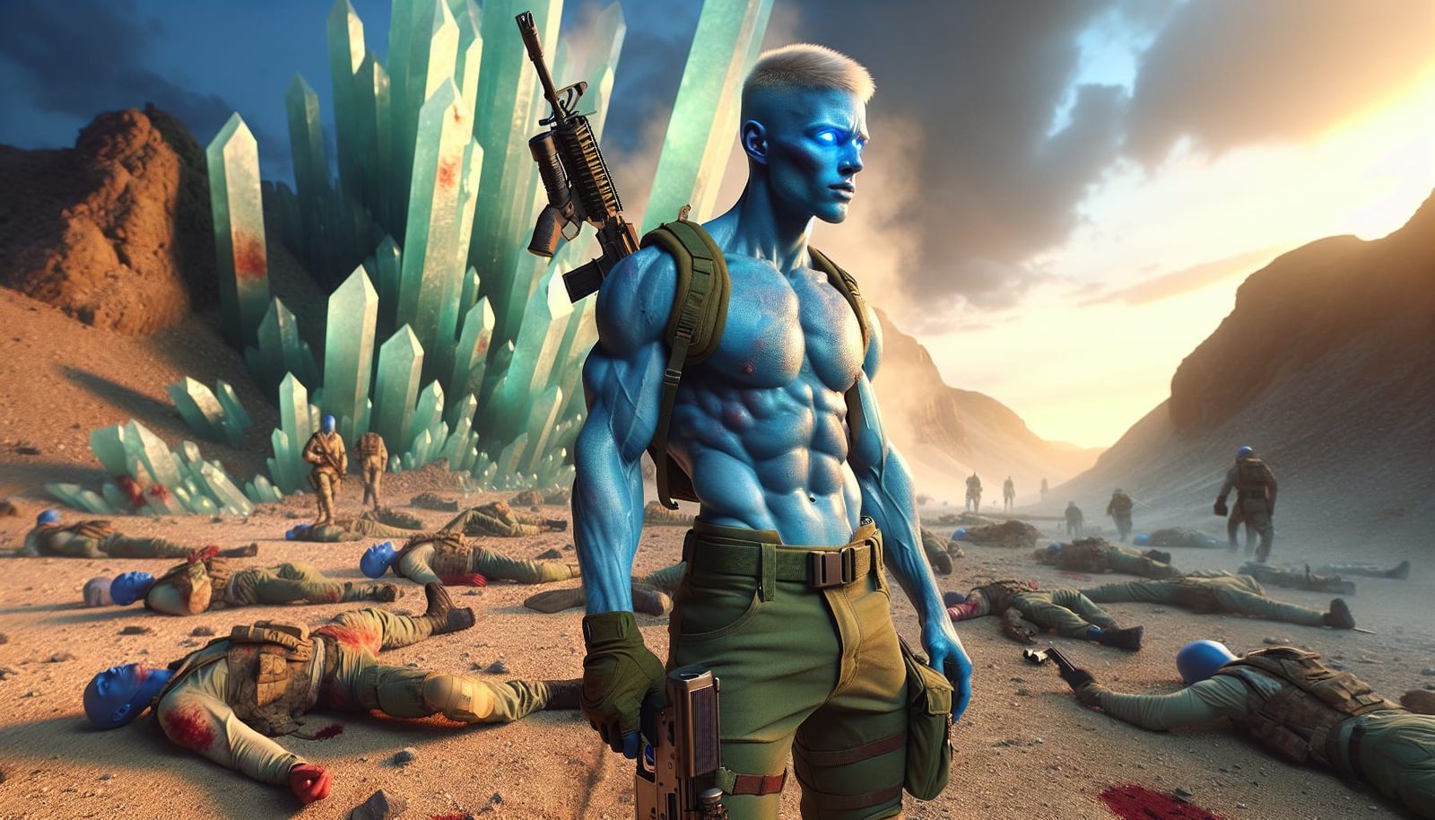 Blue-Skinned Soldier on Alien Planet at Dawn