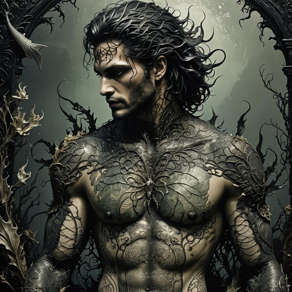 Gothic Merman Portrait with Torn Lace and Seaweed