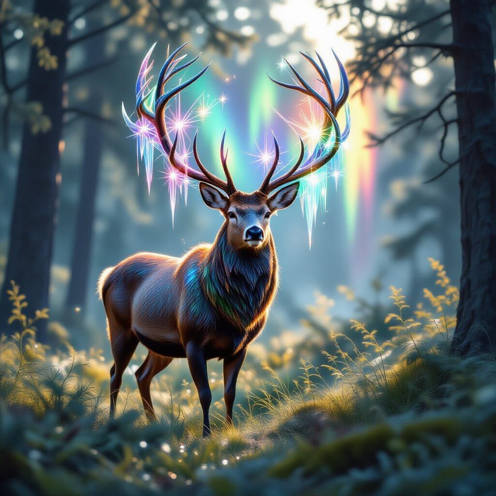 Crystal Antler Deer in Luminescent Forest