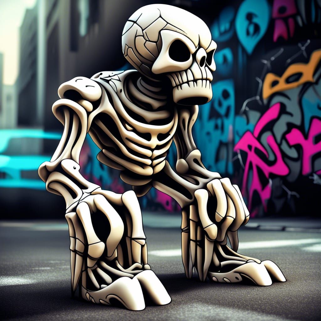 Cartoon bone golem graffiti art,street art, spray paint, high contrast, ultra detailed, ultra quality, CGSociety