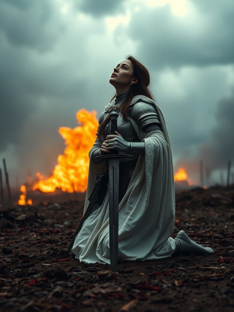 Joan of Arc Kneeling on Battlefield with Sword