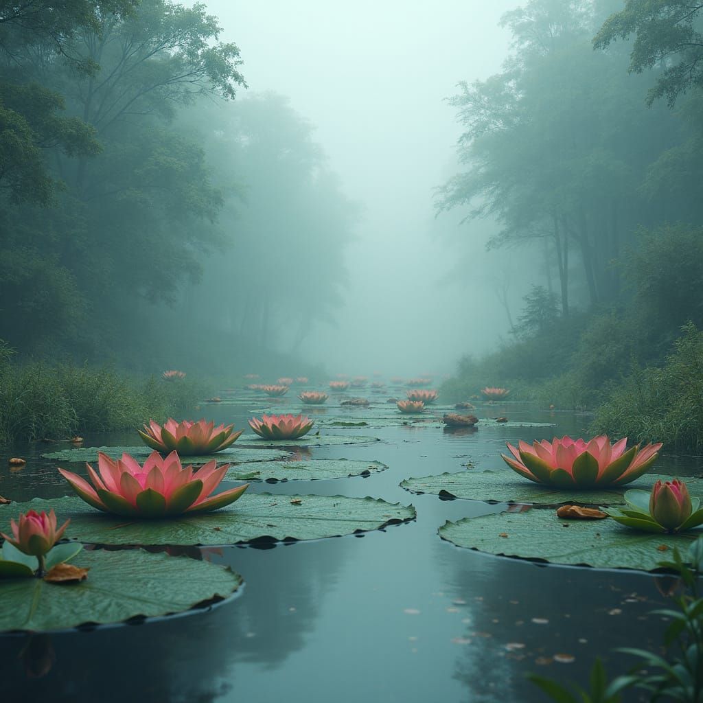 Woodland Animals Rafting on Giant Lily Pads in Fog