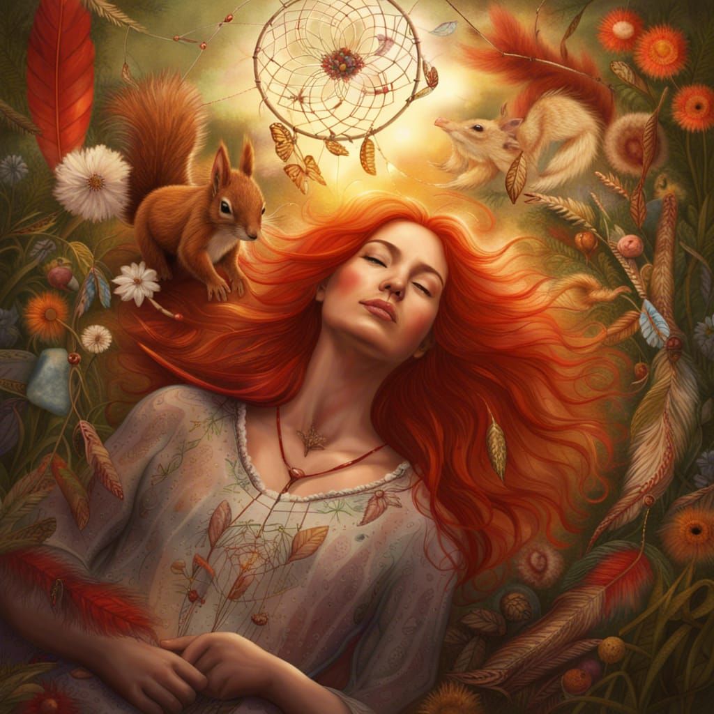 Red Squirrel Dream Catcher in Flower Meadow