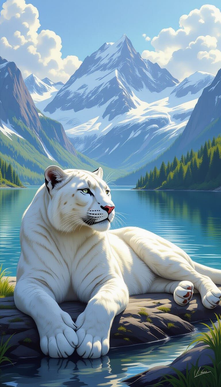 White Panther Lounging in Mountain Vista