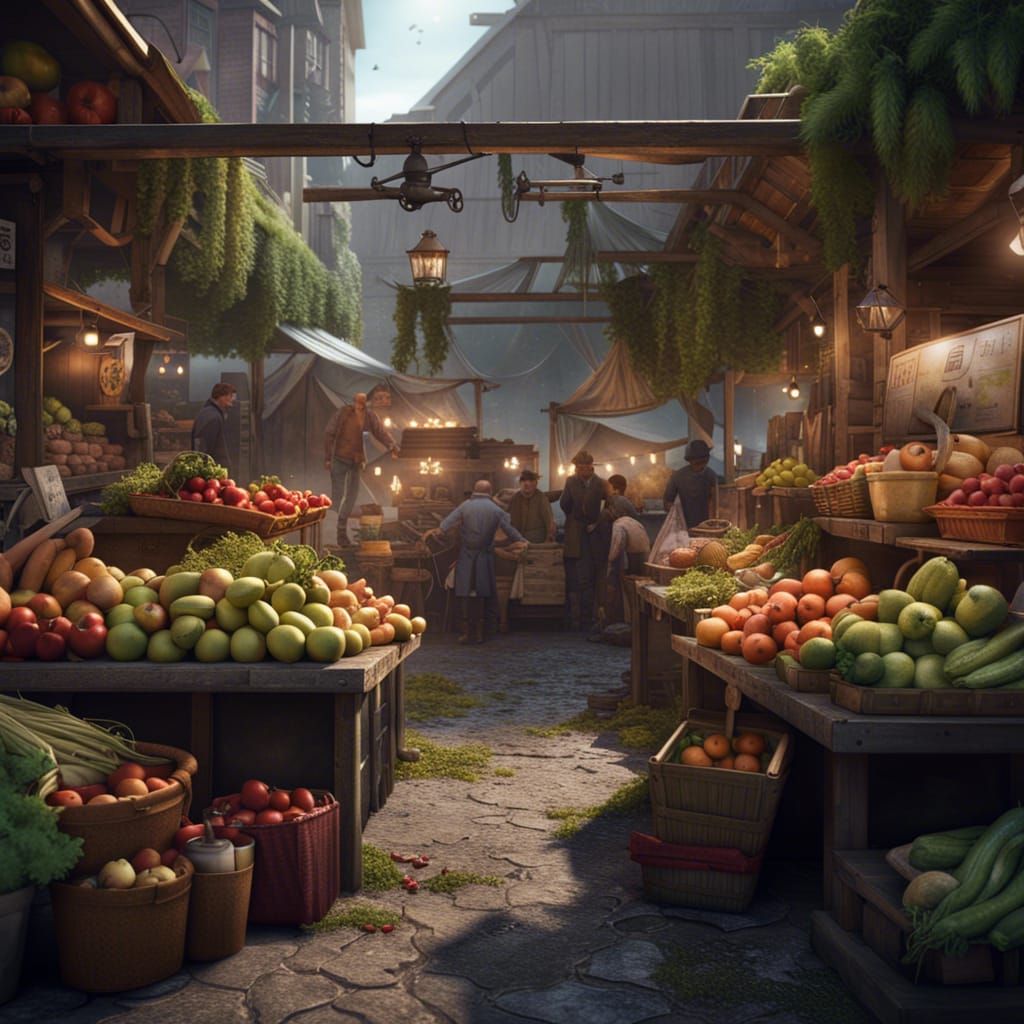 Vibrant Farmers Market in Detailed Matte Painting Style