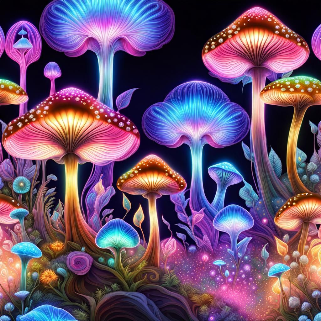 Psychedelic Mushroom Fantasy with Neon Fairies