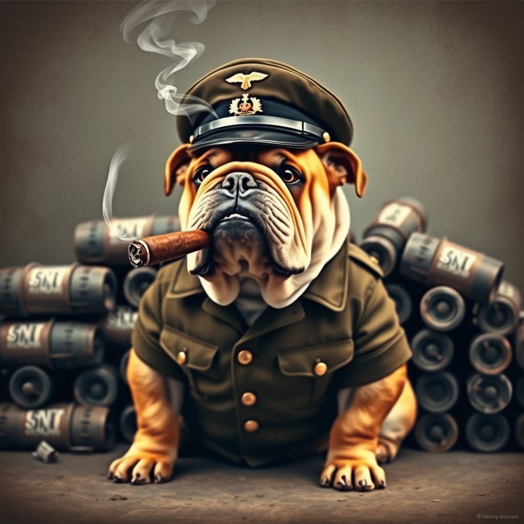 Regal British Bulldog Puffs on Cigar in Front of TNT