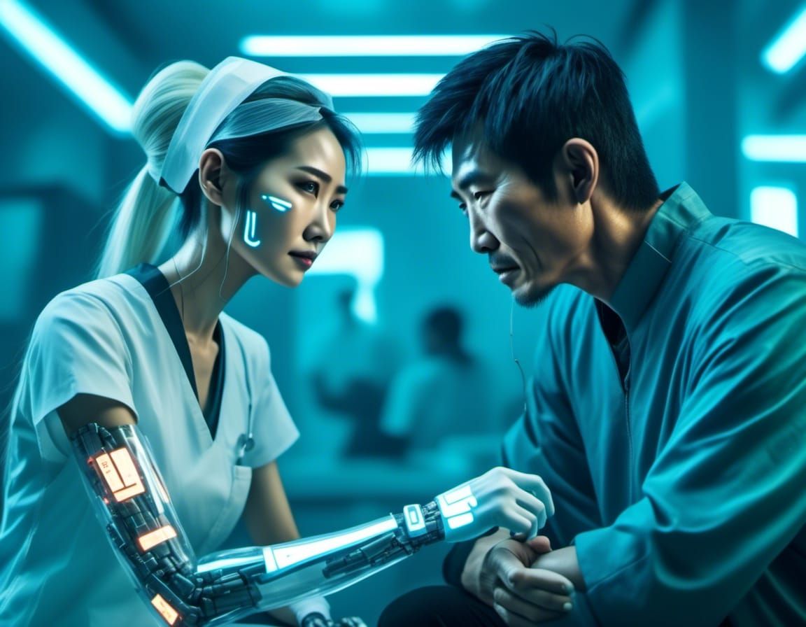 Futuristic Vietnamese Android Nurse in Cyberpunk Hospital