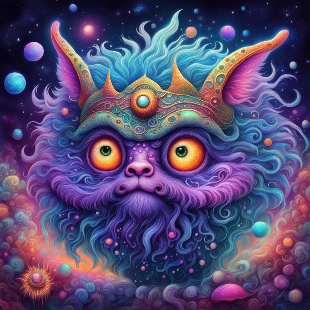 Mischievous Fluffy Creature in Holographic Cosmic Art
