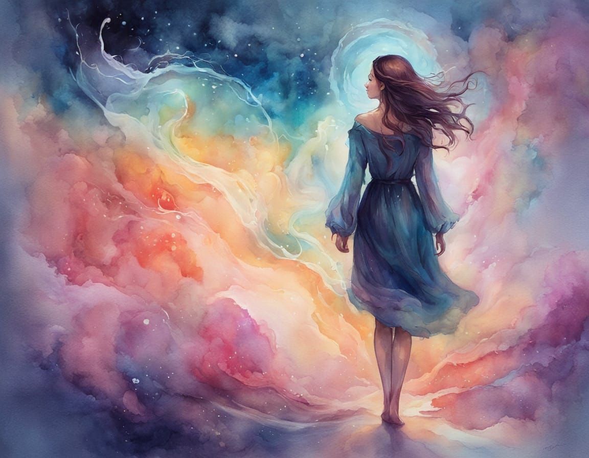 Dreamlike Woman Navigates Destiny in Ethereal, Moonlit Scene