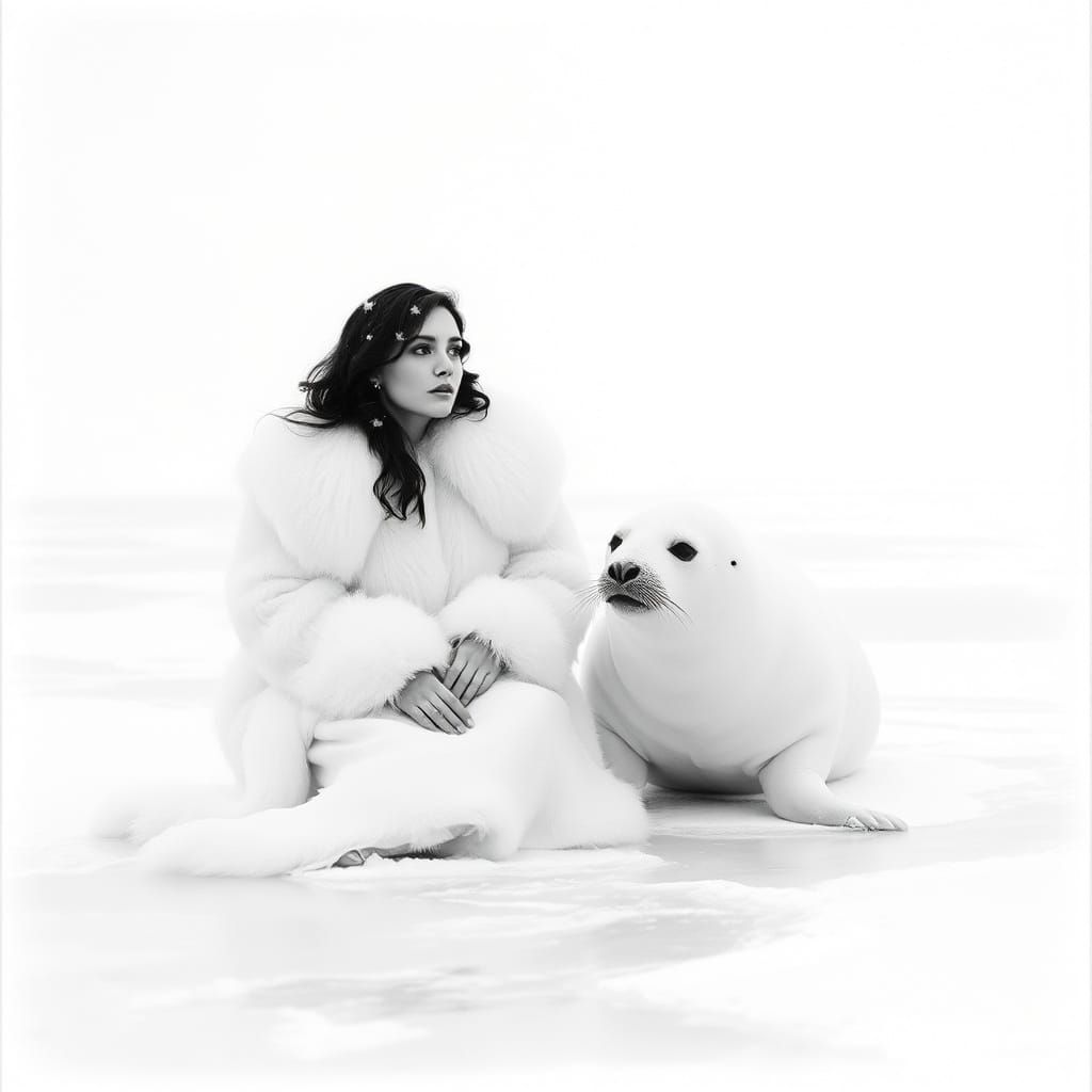 Ethereal Woman Amidst a Winter Storm in Monochromatic Splend...