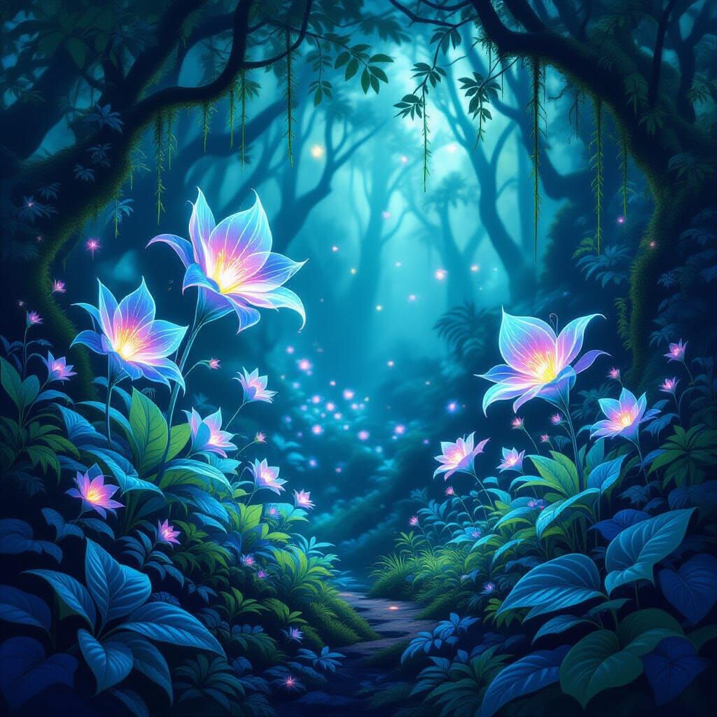Ethereal Bioluminescent Flora in Enchanted Forest