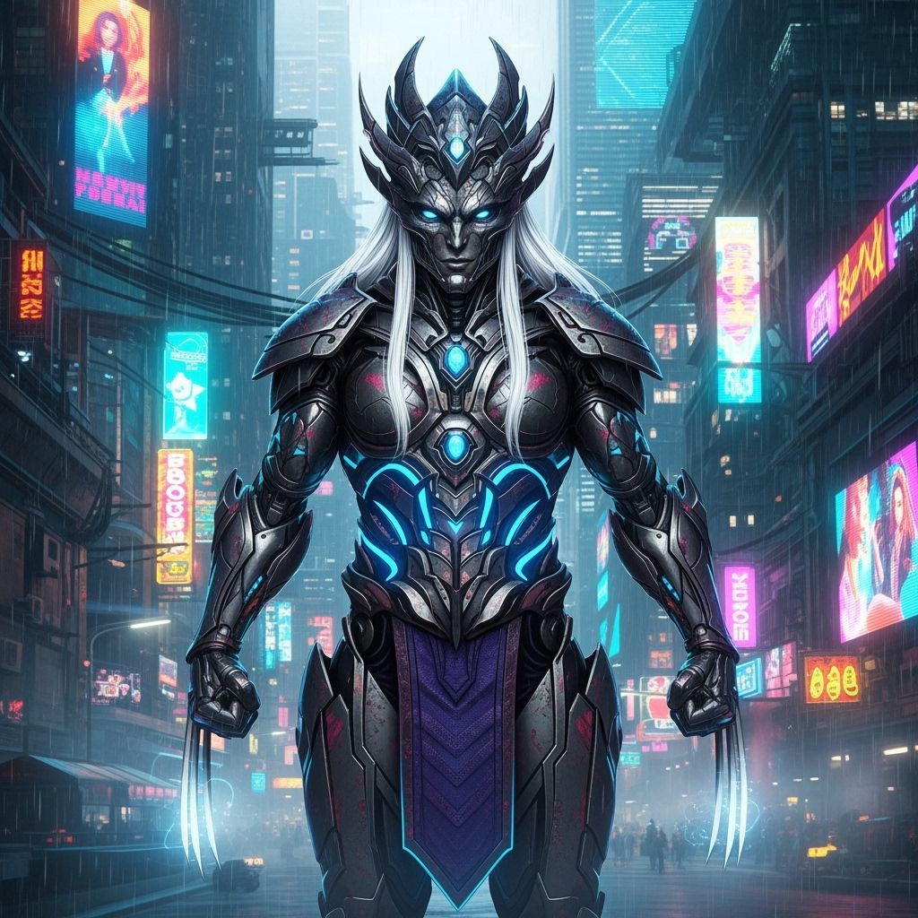 Cyberpunk Wolverine-Sindel Hybrid in Neon Cityscape