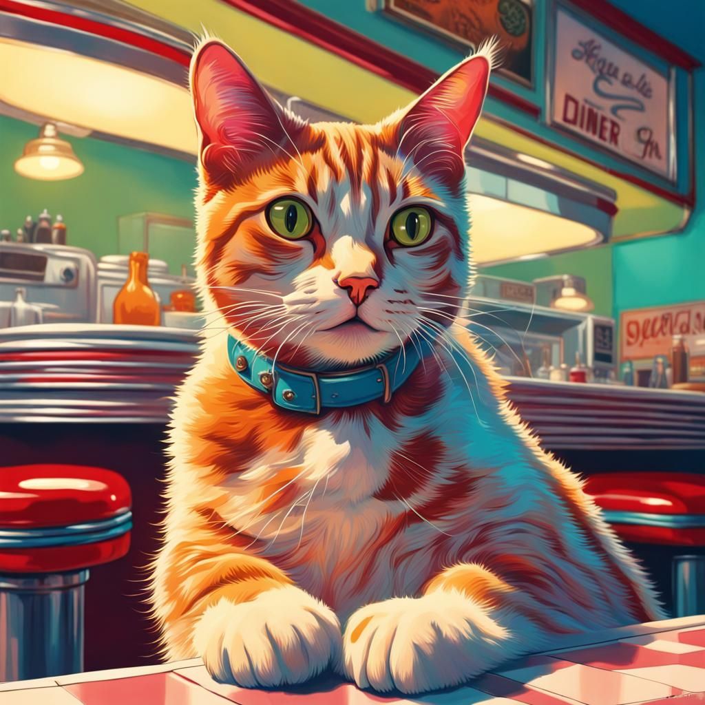 Cat in 1950s Diner in Pop Art Style