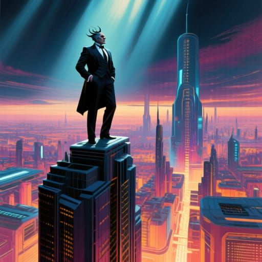 Visionary Trillionaire Surveys Futuristic Cityscape