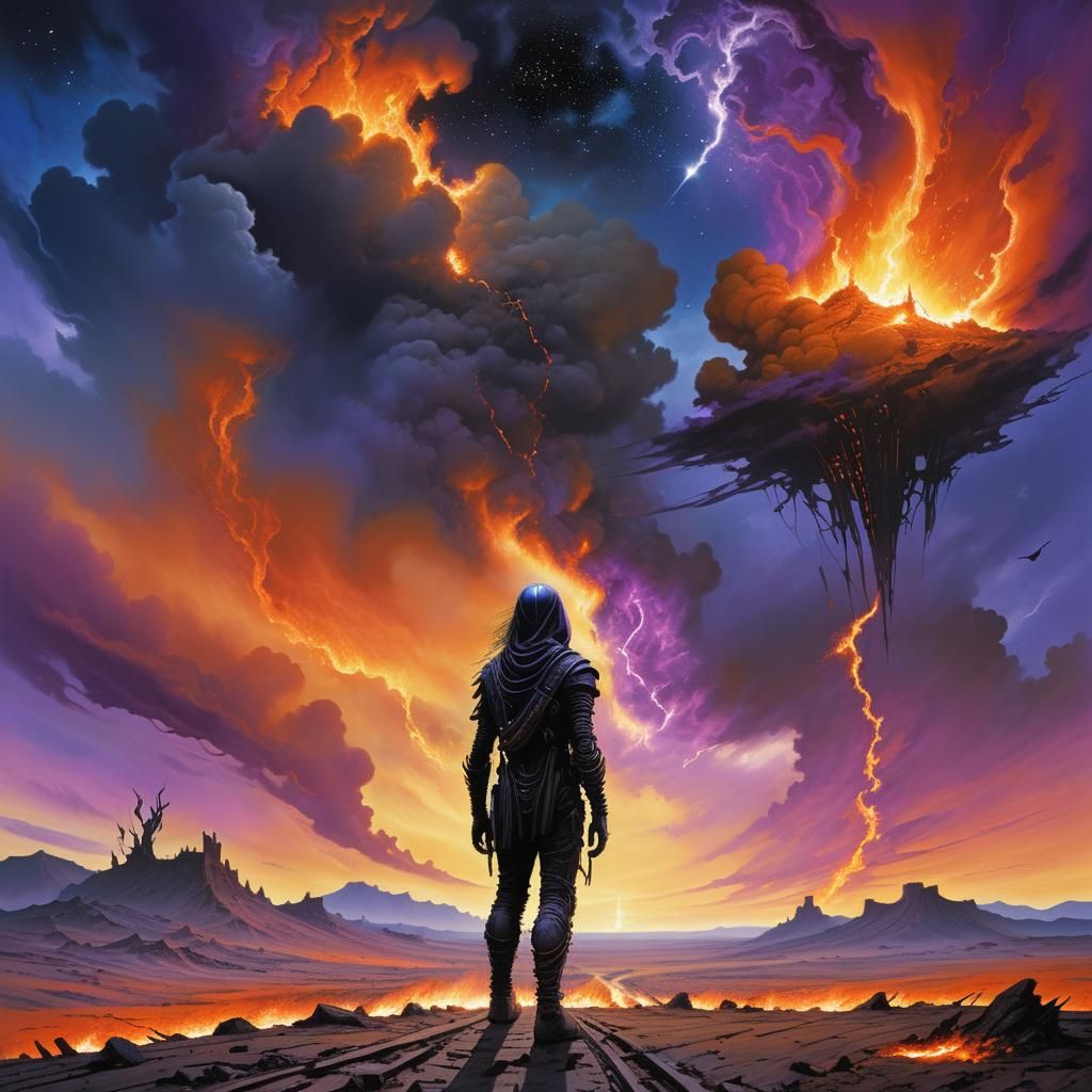 Dystopian Surrealism: Falling Star in Desolate Landscape