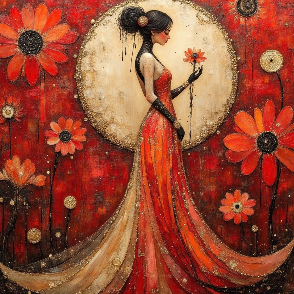Goddess in Flowered Background as Impasto Painting