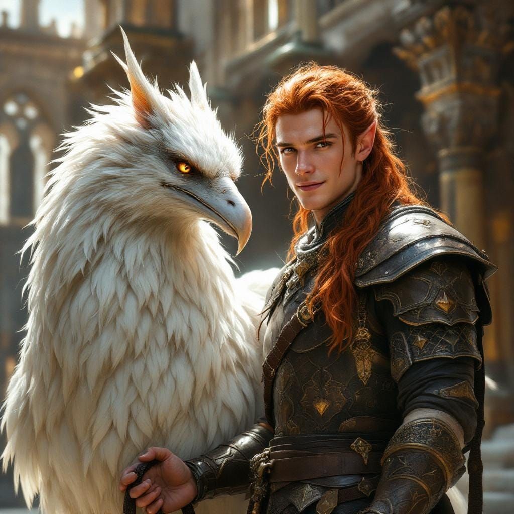 Elf-Lord with Griffin in Hyper-Detailed Oil Painting