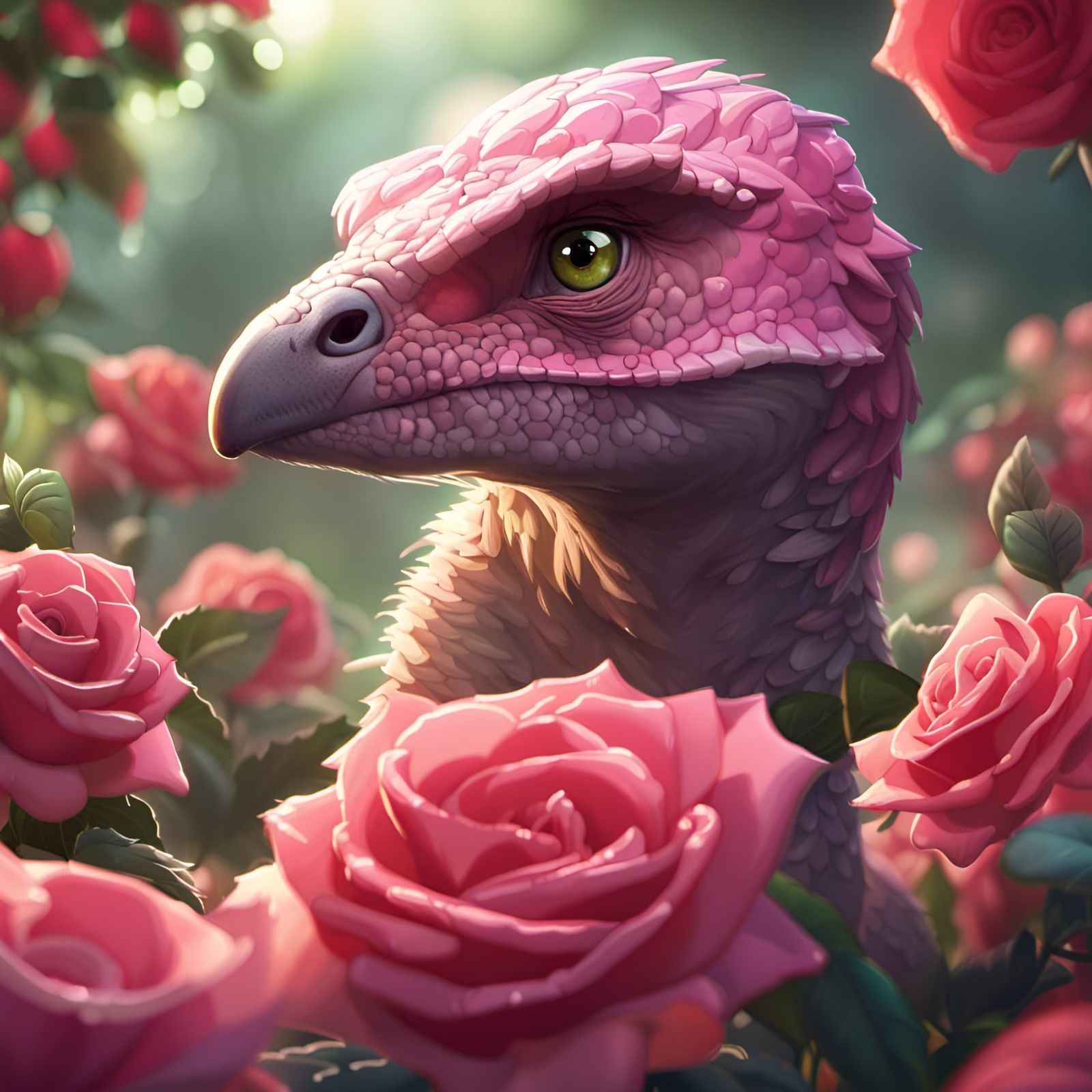 Adorable Raptor Portrait with Roses, Digital Illustration