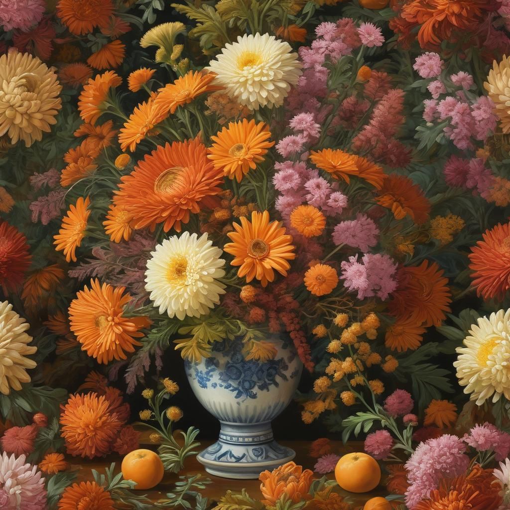 Autumn Flowers Still Life in Gouache Style