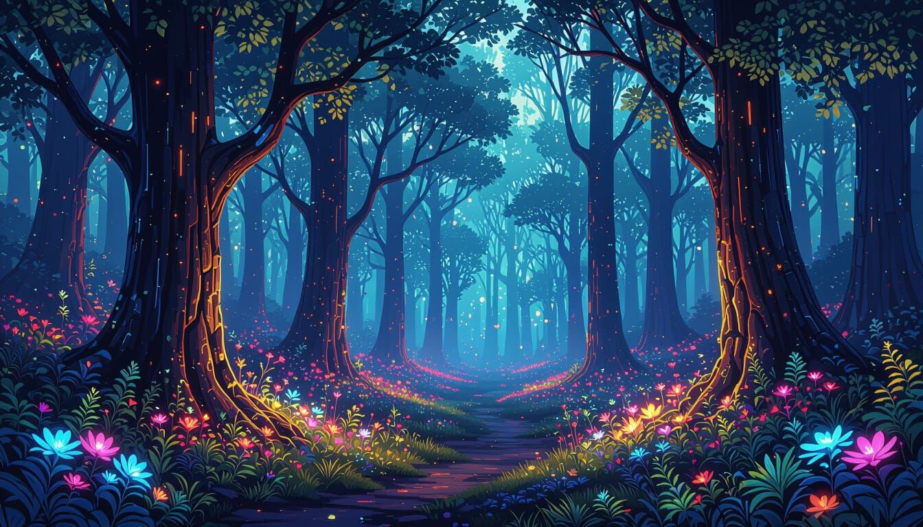 Enchanting Cyberpunk Forest with Bioluminescent Flora
