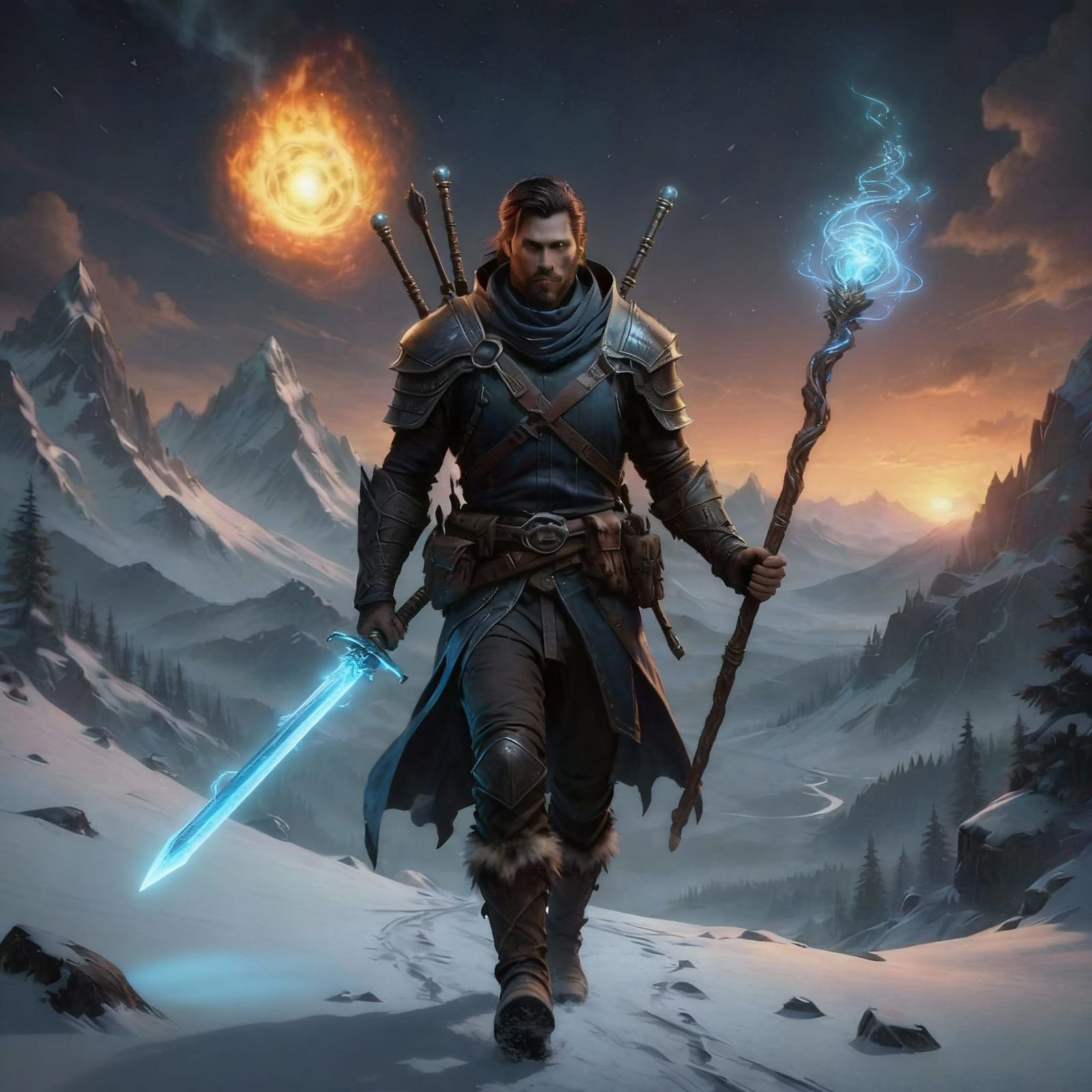 Lonesome Sorcerer Walks Snowy Skyrim Night Sky