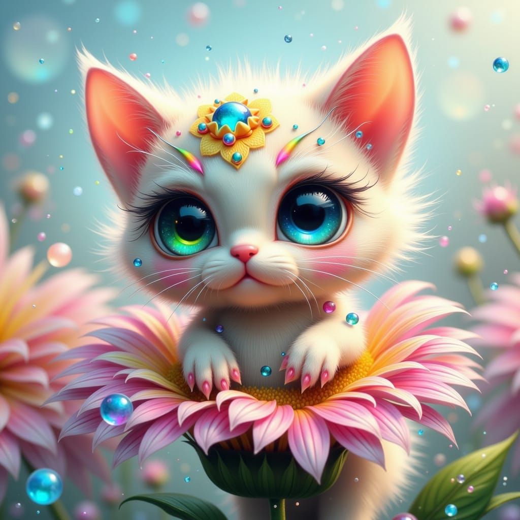 Whimsical Fae Kitten Sits on a Rainbow Flower