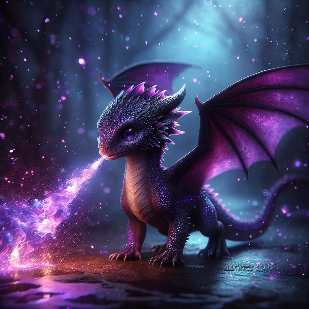 Baby Dragon in Ethereal Darkness with Radiant Purple Fire
