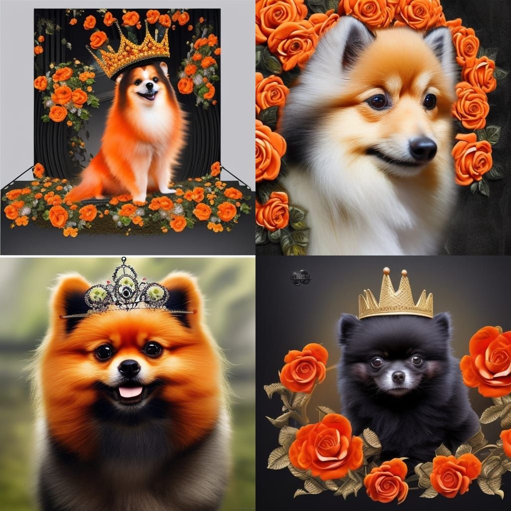 Orange Pomeranian with a Crown of Black Roses