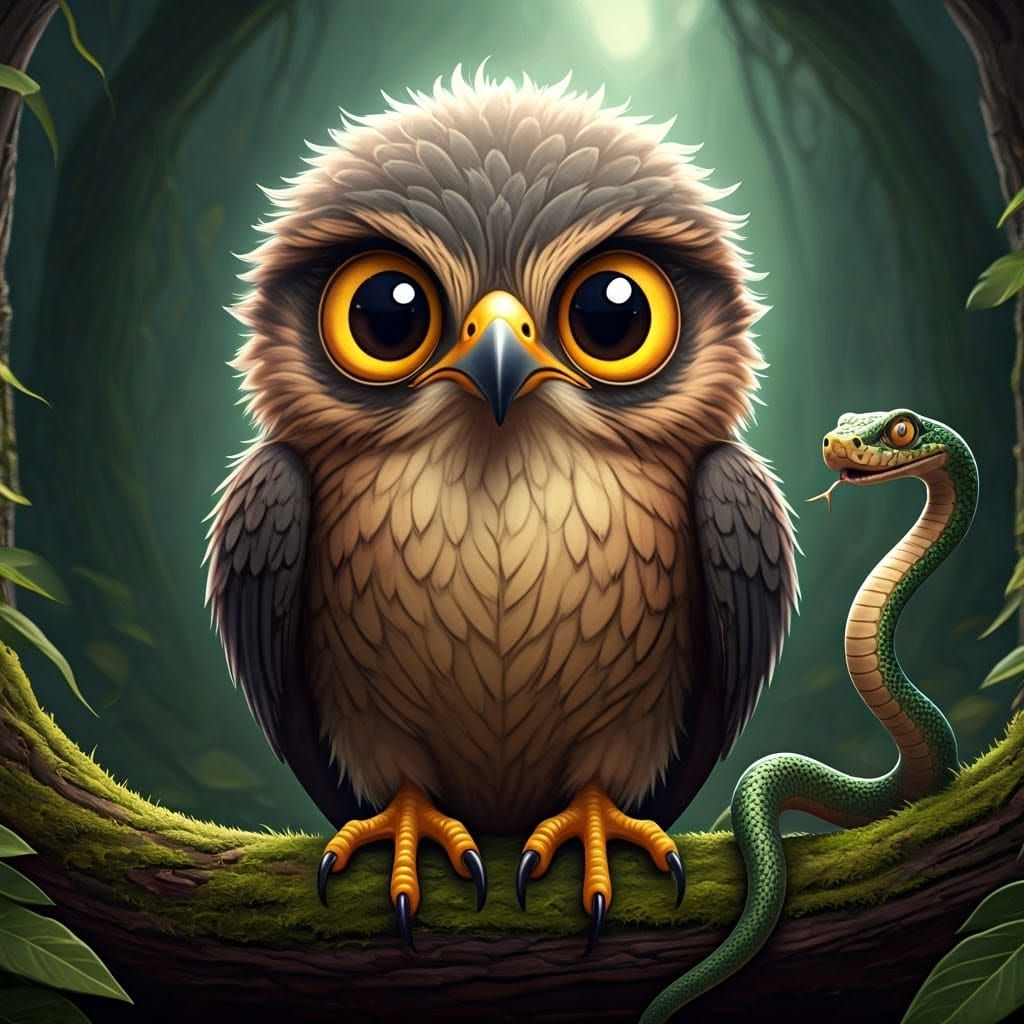 Cute Cartoon Falcon Monster with Snake Friend