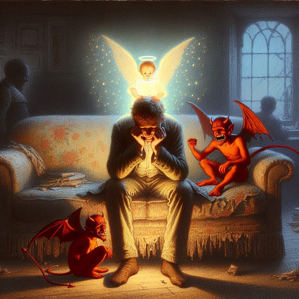 Despondent Man Tormented by Devils and Comforted by Angel