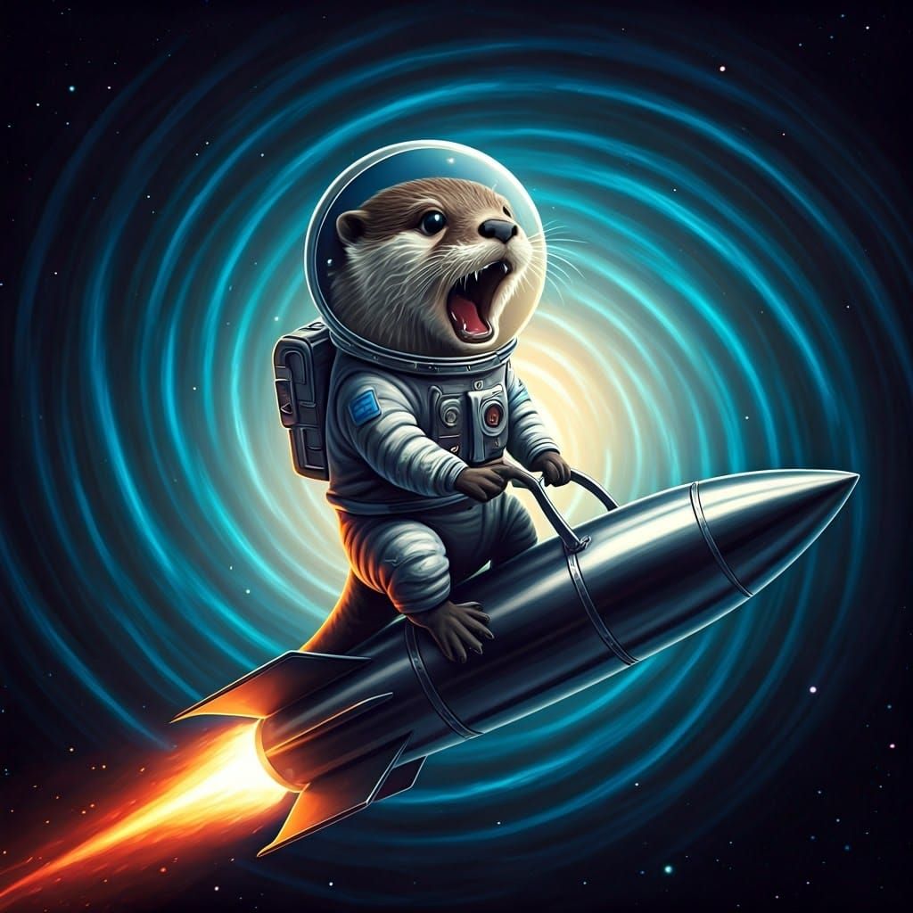 Surreal Astronaut Otter in Panic, Riding Rocket through Vibr...