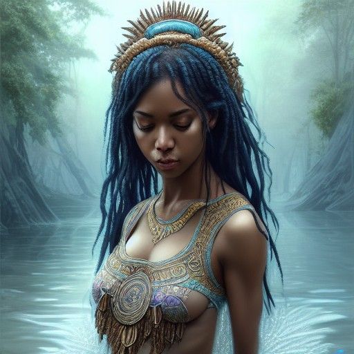 Stunning Water Goddess with Lilies, Digital Illustration