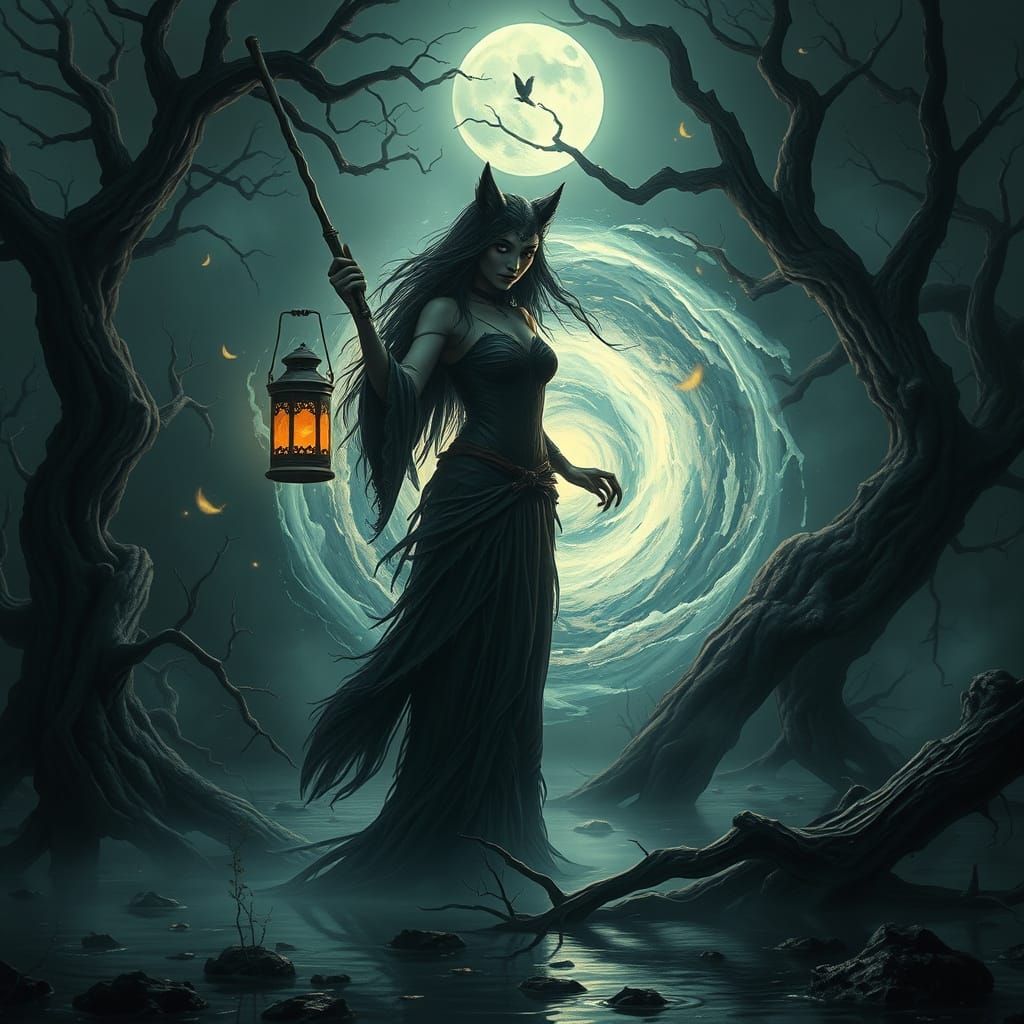 Witch Conjures Arcane Energy in Surreal Moonlit Swamp