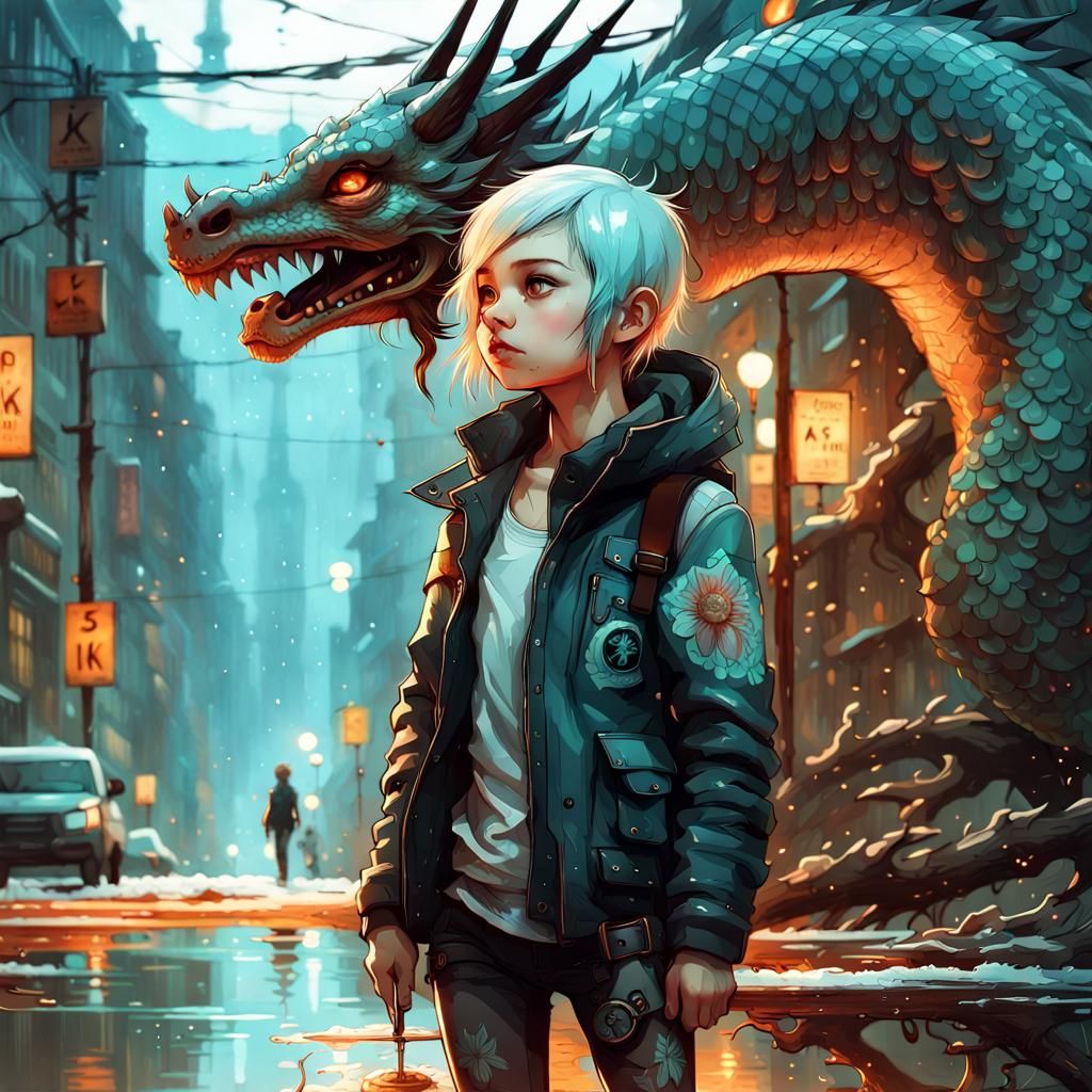 Chibi Girl with Dragon Tattoo: Bioluminescent Portrait