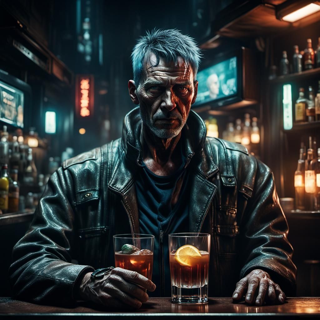 Cyborg Bartender Portrait in Dark, Realistic Style