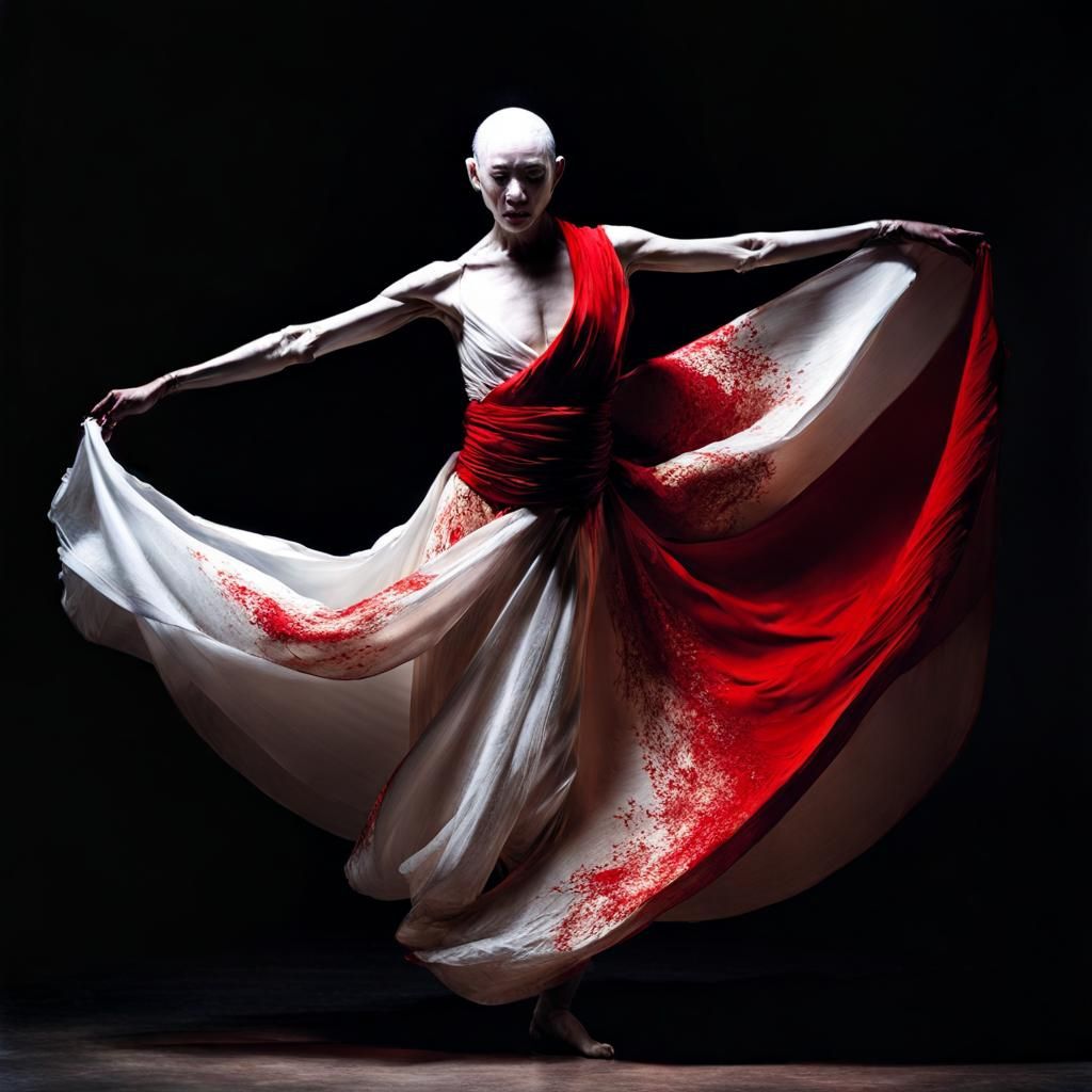 Cracked Porcelain Butoh Dancer with Red Snake