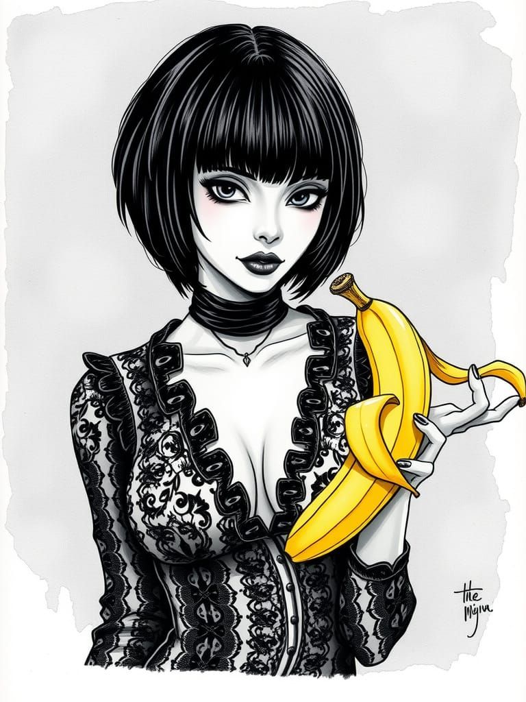 Gothic Woman Peeling Banana in Fantasy Art Style