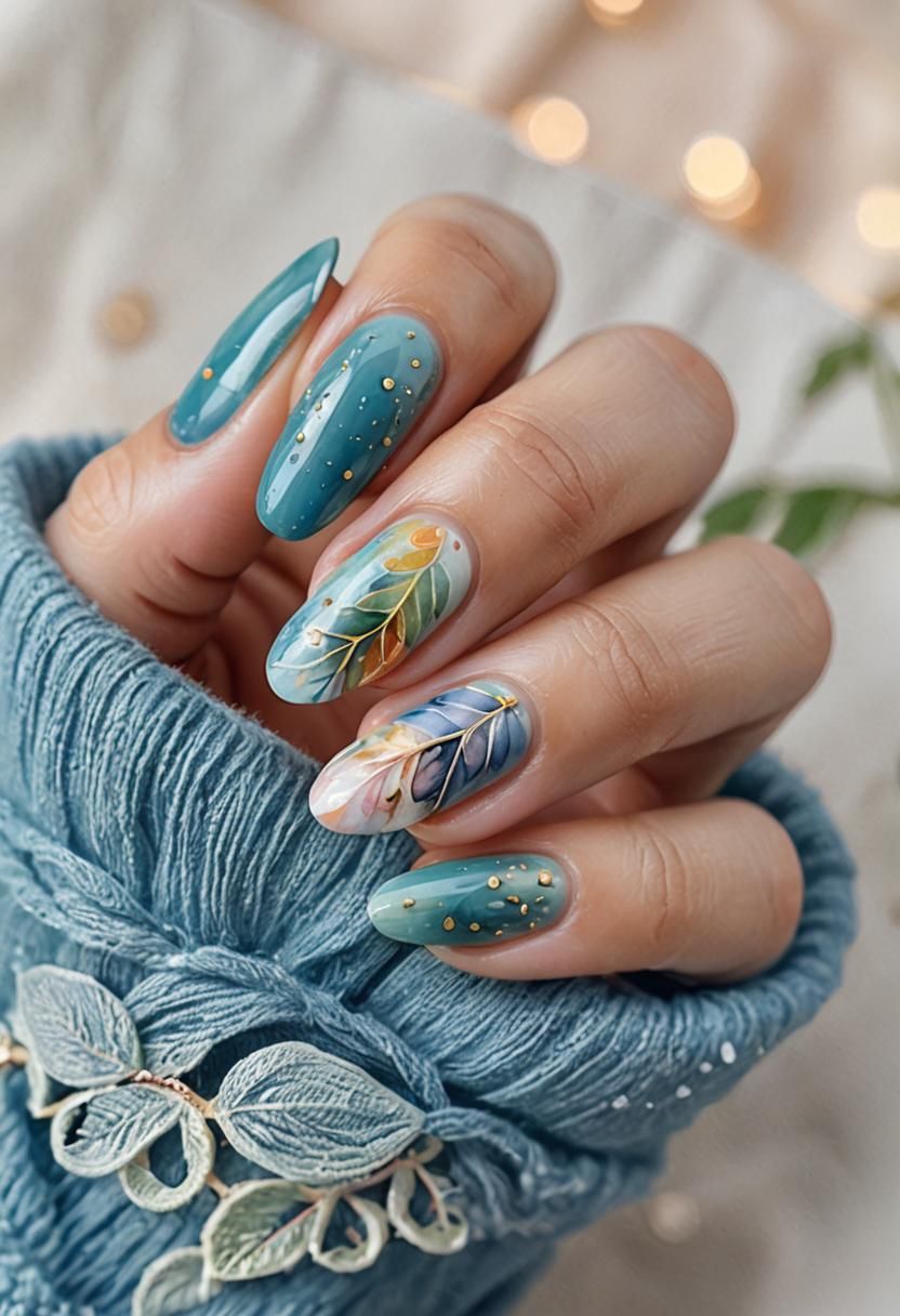 Delicate Watercolor Nail Art with Autumnal Leaves