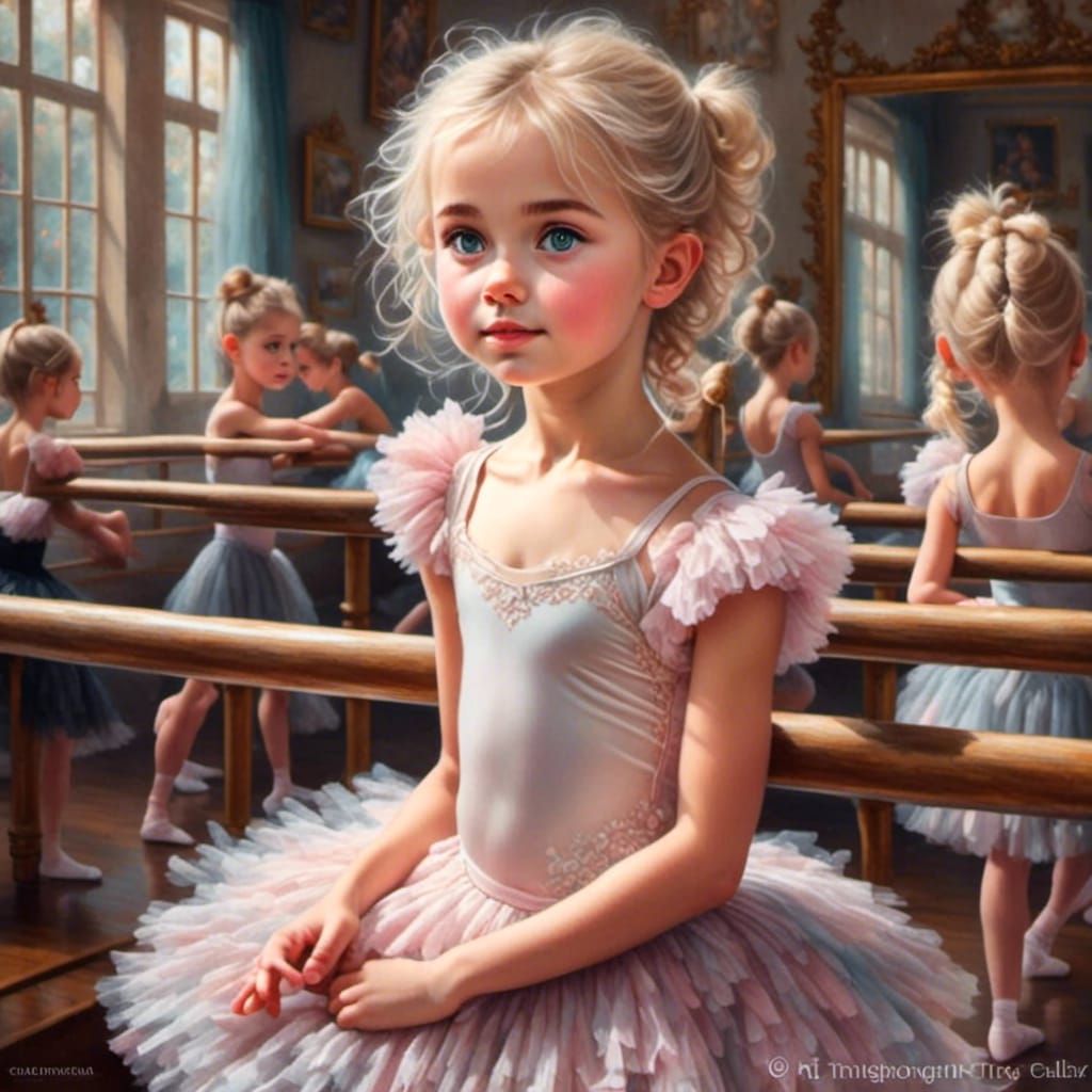 Adorable Young Ballerina in Ballet Studio, Oil Painting