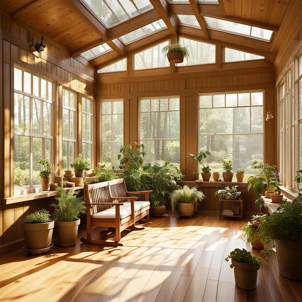 Sunlit Sunroom Interior with Vintage Wooden Furniture